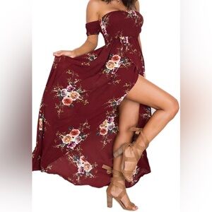 Floral Off The Shoulder Split Chiffon Maxi Beach Dresses